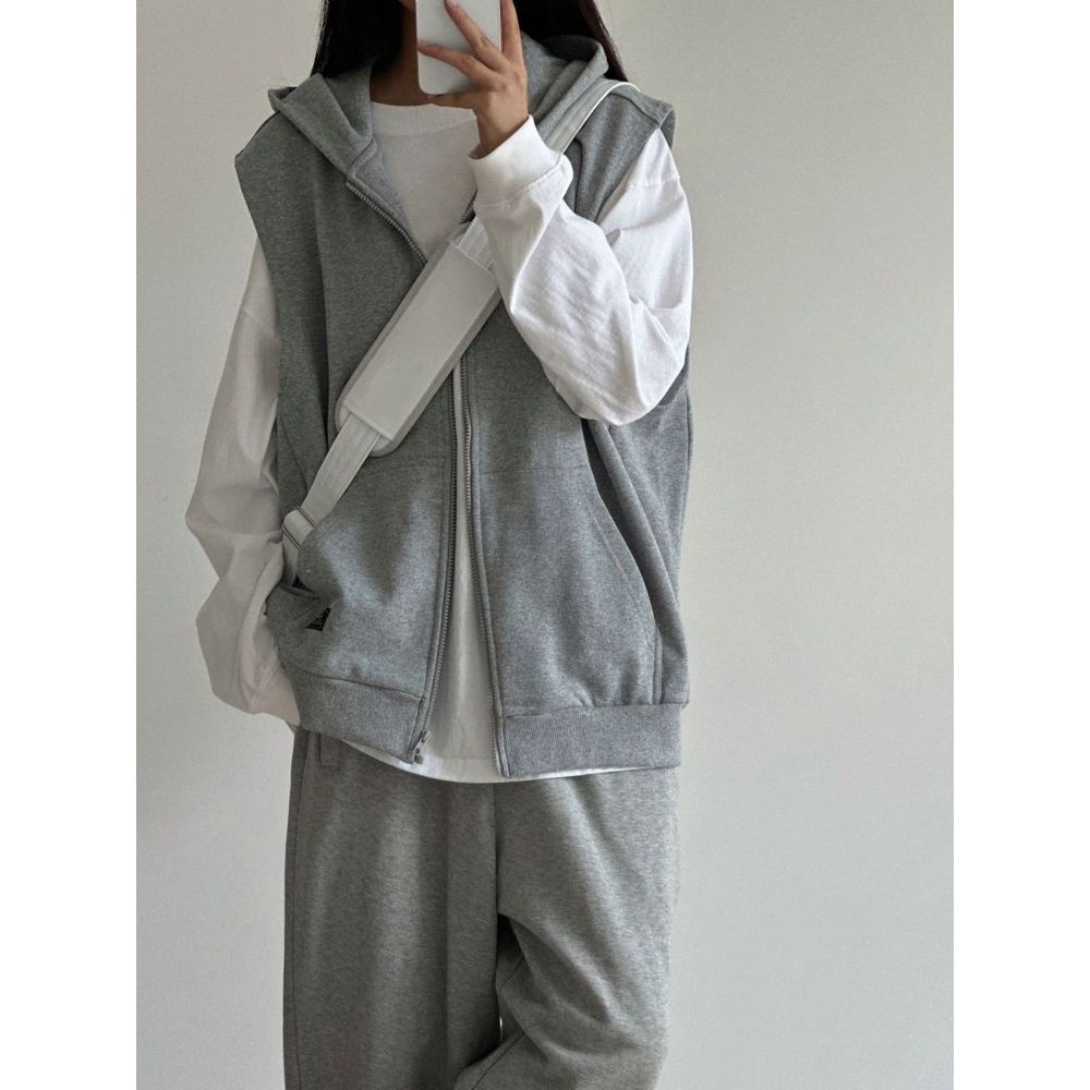 Retro Grey Sleeveless Hooded Zipper Vest Women's Top