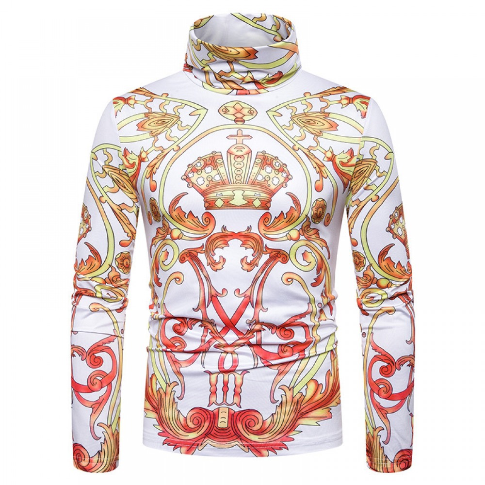 New Men's Plus Size 3D Classical Crown Printing High Neck Long Sleeve T-Shirt Bottoming Shirt