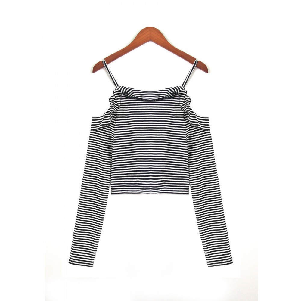 Autumn One-Shoulder Off-The-Shoulder Striped T-Shirt
